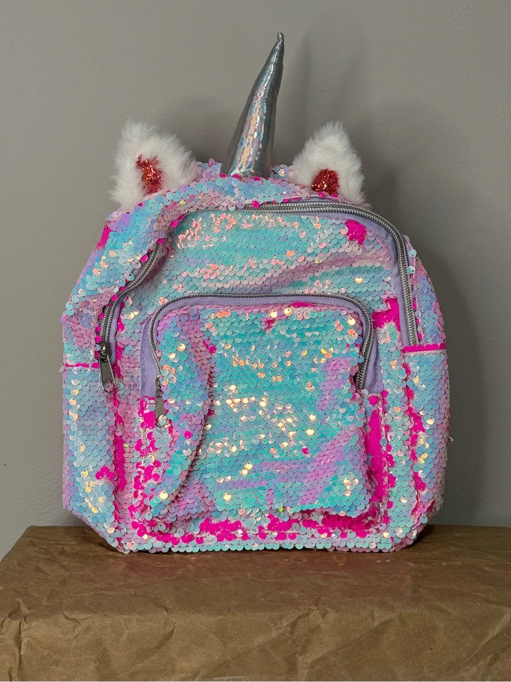 Cat & Jack Iridescent Sequin Unicorn Backpack - Pink & Light Blue